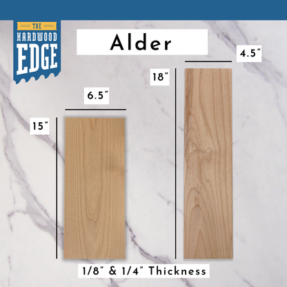 6.5"x15" Solid Alder Hardwood and 4.5"x18" Solid Alder Hardwood on a marble background.