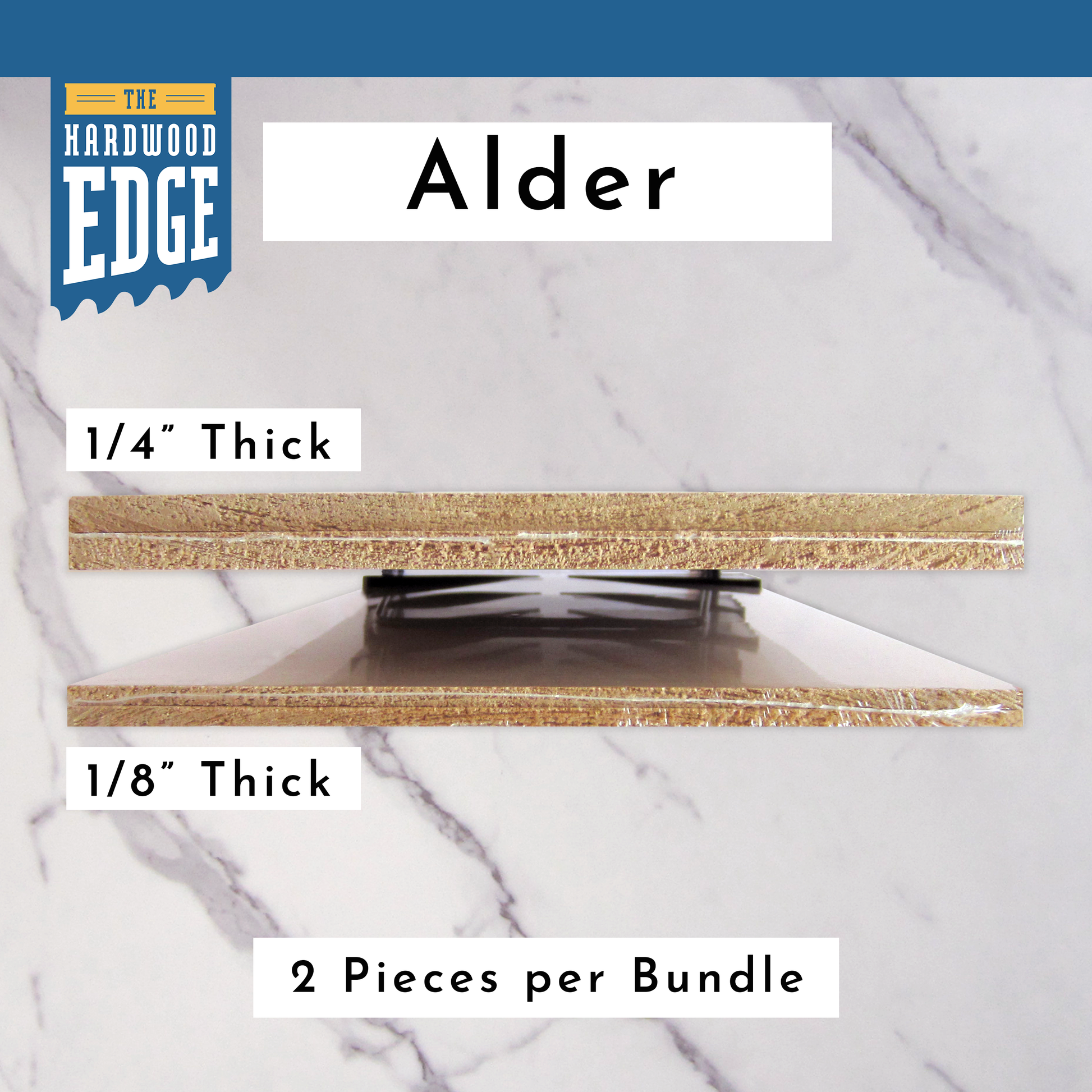Two pieces of 1/4" Thick Solid Alder Hardwood and Two pieces of 1/8" Thick Solid Alder Hardwood  on a marble background.