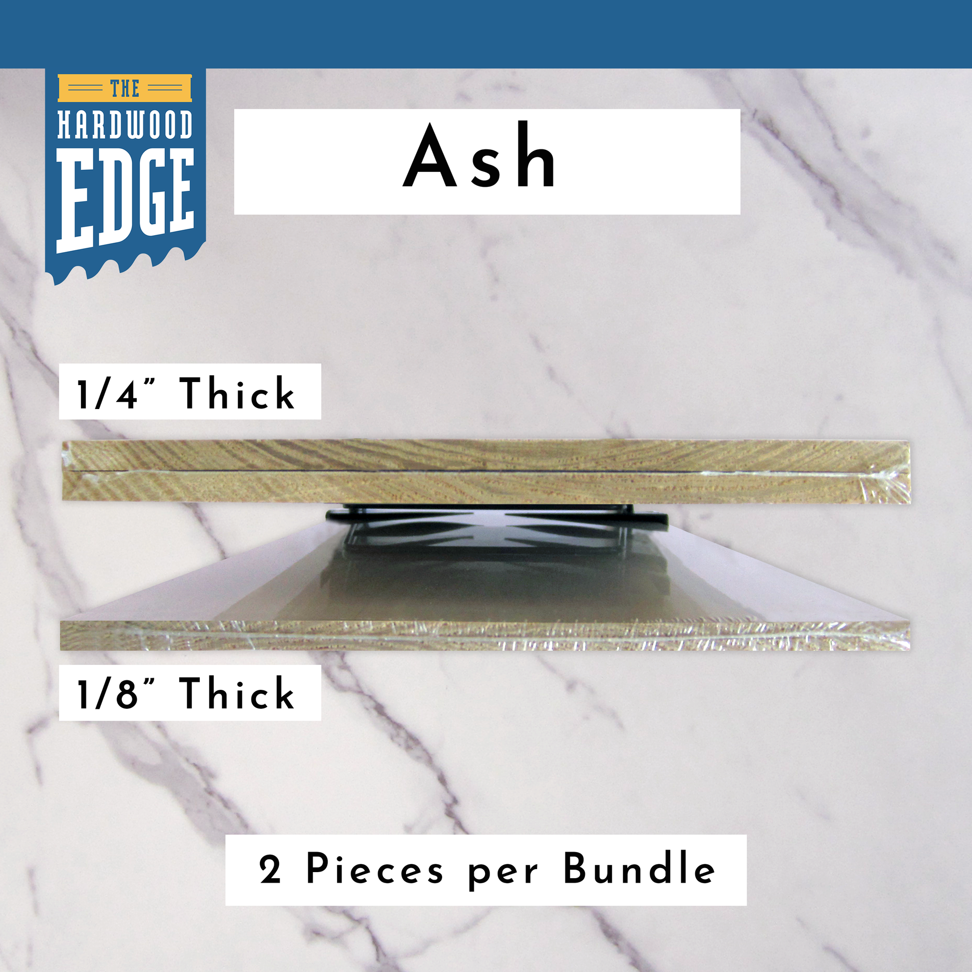 Two pieces of 1/4" Thick Ash  Hardwood and Two pieces of 1/8" Thick Solid Ash Hardwood  on a marble background.