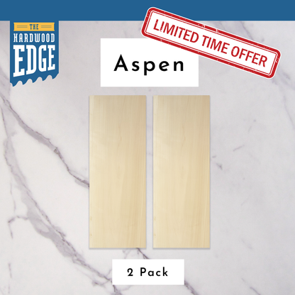 Two pieces of Aspen wood with 'The Hardwood Edge' logo and 'Limited Time Offer' label on a marble background.