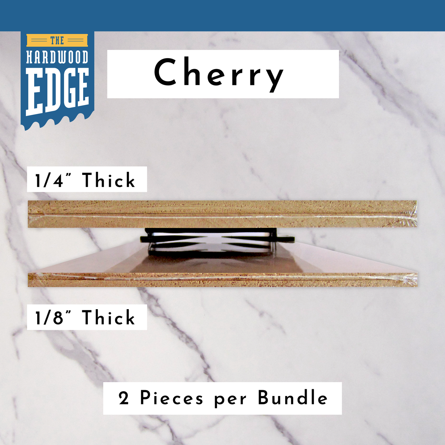 Two pieces of 1/4" Thick Solid Cherry Hardwood and Two pieces of 1/8" Thick Solid Cherry Hardwood  on a marble background.