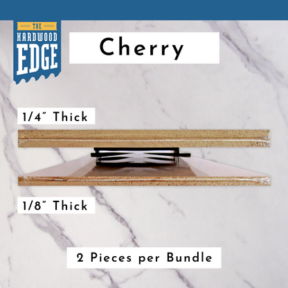 Two pieces of 1/4" Thick Solid Cherry Hardwood and Two pieces of 1/8" Thick Solid Cherry Hardwood  on a marble background.