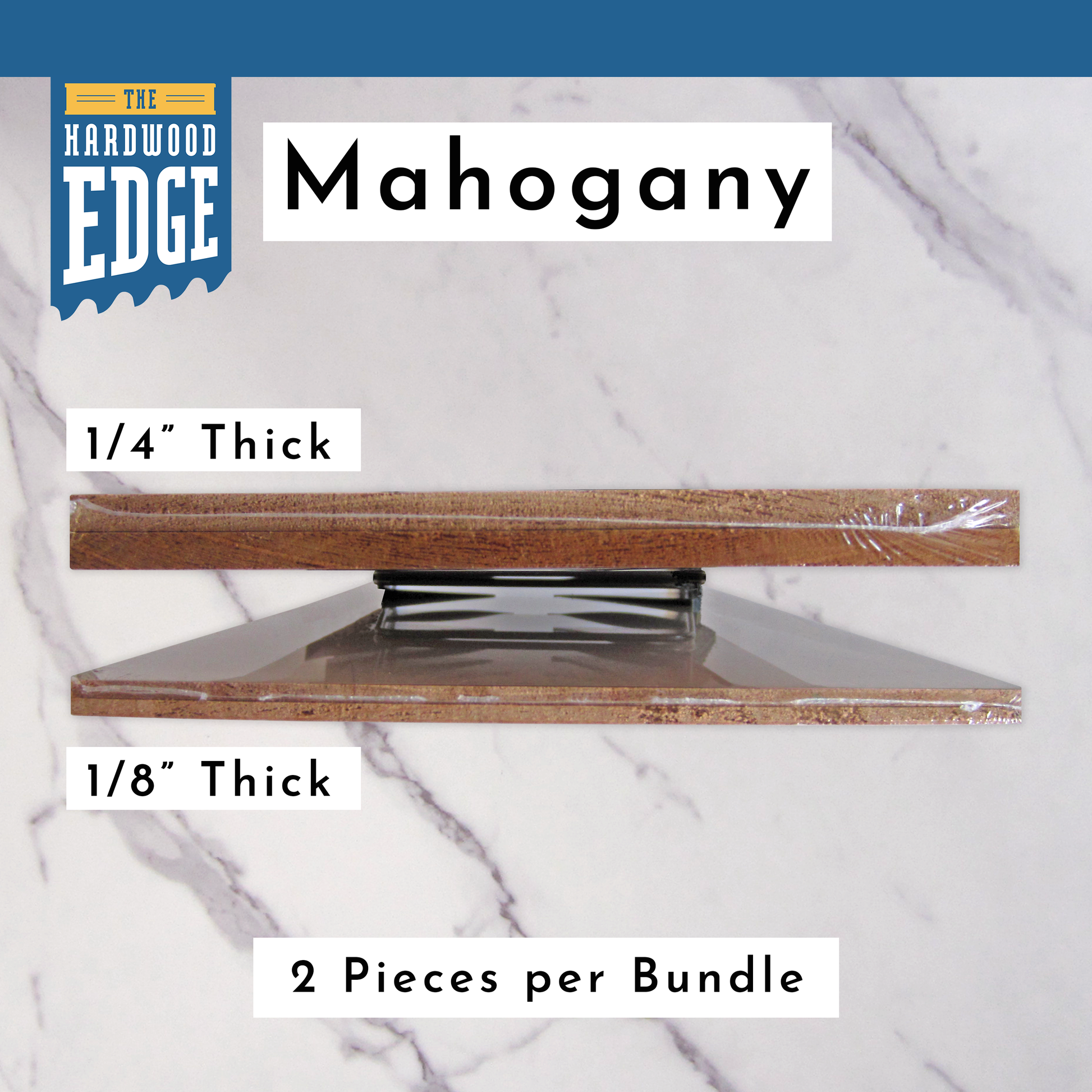 Two pieces of 1/4" Thick Solid Mahogany Hardwood and Two pieces of 1/8" Thick Solid Mahogany Hardwood  on a marble background.