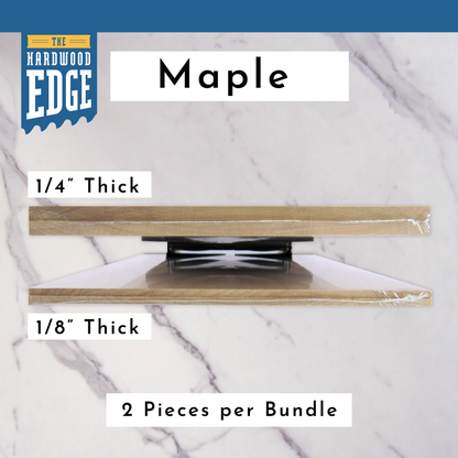 Two pieces of 1/4" Thick Solid Maple Hardwood and Two pieces of 1/8" Thick Solid Maple Hardwood on a marble background.