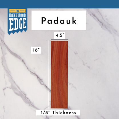 .125"x4.5"x18" Padauk hardwood on a marble background, branded 'The Hardwood Edge'.