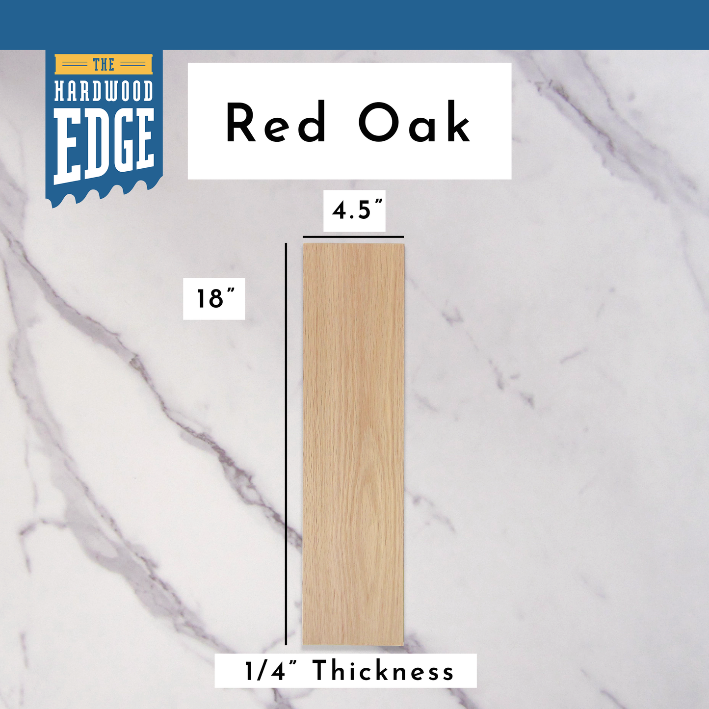.25"x4.5"x18" Red Oak hardwood on a marble background, branded 'The Hardwood Edge'.